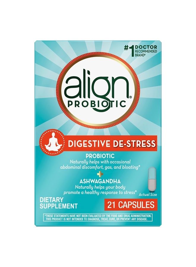 Align بروبيوتيك، تخفيف الهضم، بروبيوتيك للنساء والرجال مع أشواغاندا، يساعد في الاستجابة الصحية للتوتر، خالي من الغلوتين، خالي من الصويا، نباتي، 21 كبسولة - Image 1