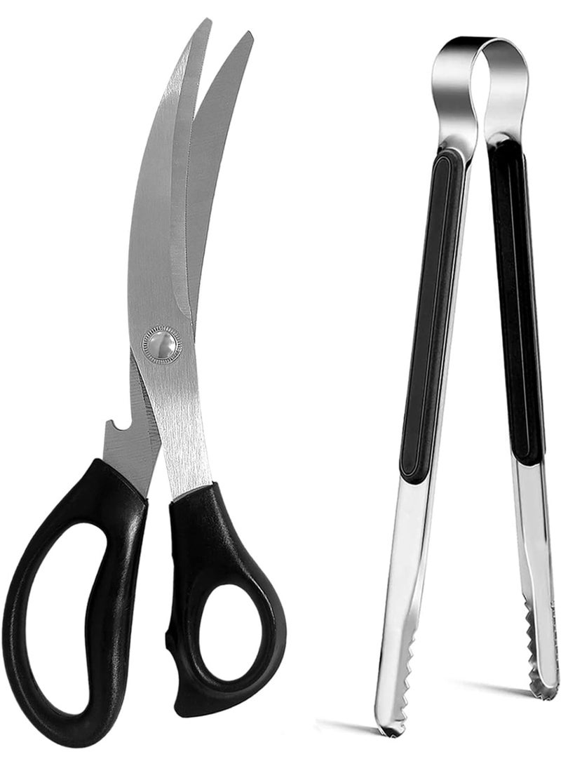 Kitchen Shears, Korean Barbecue Scissors And Tongs Set, For Cutting Meat, Chicken & Vegetables, Stainless Steel Multipurpose Non-Slip Serrated Sharp Bbq - Image 1