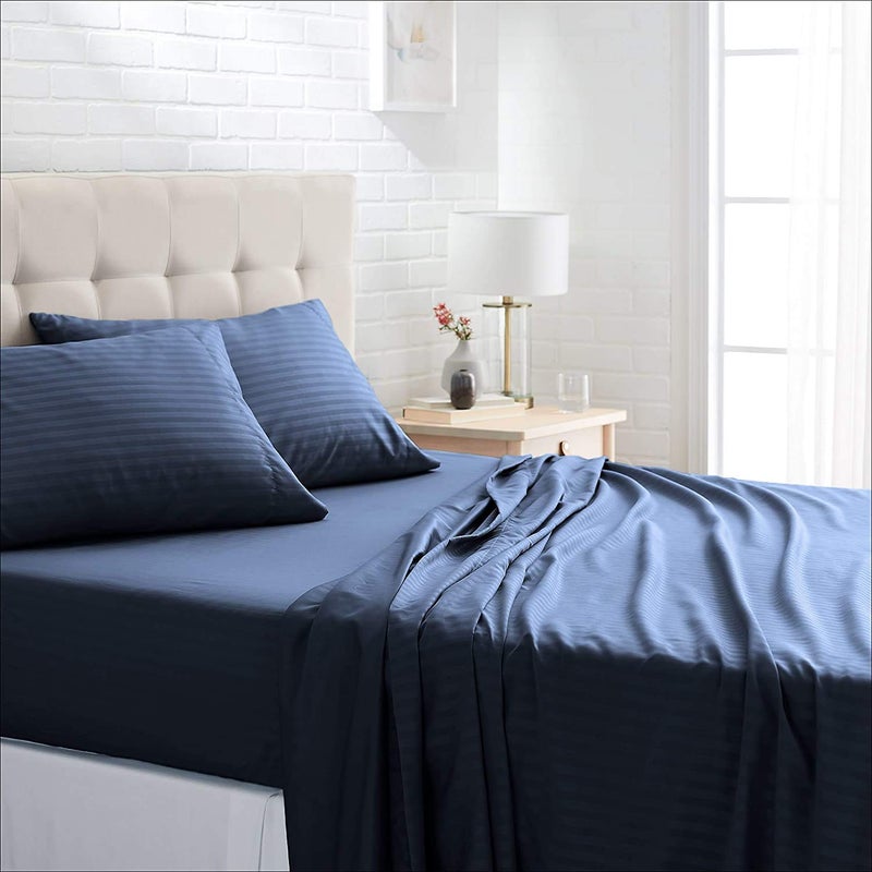 TIB The Intellect Bazaar 210 TC Satin Cotton Stripe Single Size Duvet Cover/Quilt Cover for Single Bed (60 * 90 inch),Navy Blue - Image 1