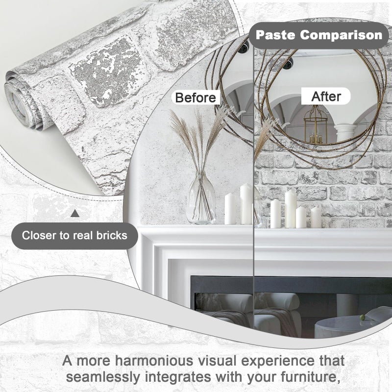 MelunMer Grey Brick Wallpaper Peel and Stick Wallpaper Vintage Grey and White Brick Contact Paper for Walls Self-Adhesive Removable Wall Paper for Kitchen Fireplace Home Decor Waterproof17.3 x 78.7 In - Image 3
