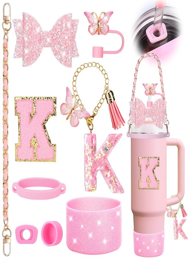 Mity rain 9PCS Pink Cup Accessories Set for Stanley Cup 30oz 40oz tumbler with handle - Includes Strap,Straw Bow Decorate,Straw Topper,Boot,Spill Proof Stoppers,Handle Charms,Sticker (Initials K) - Image 1