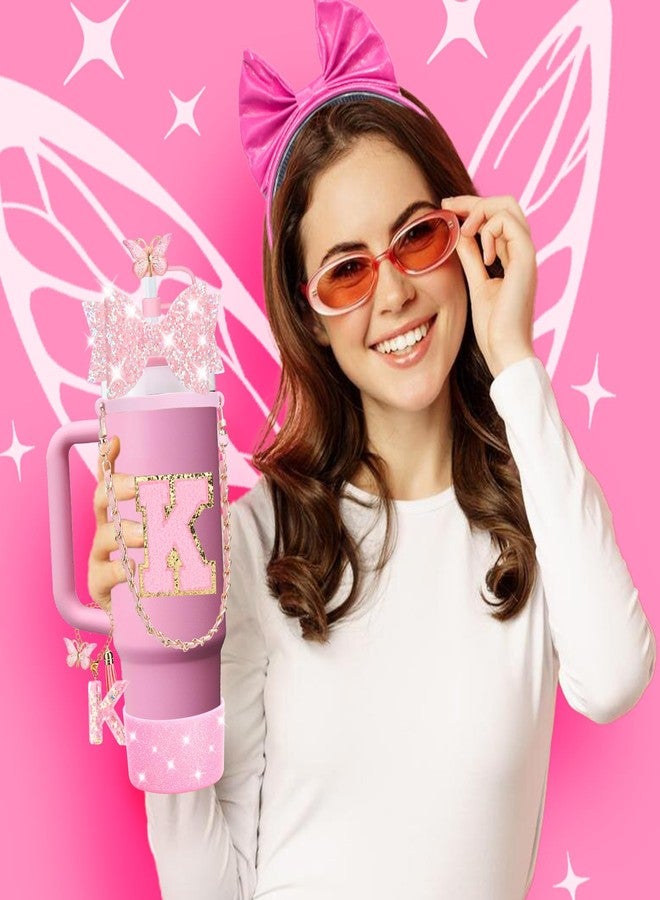 Mity rain 9PCS Pink Cup Accessories Set for Stanley Cup 30oz 40oz tumbler with handle - Includes Strap,Straw Bow Decorate,Straw Topper,Boot,Spill Proof Stoppers,Handle Charms,Sticker (Initials K) - Image 2