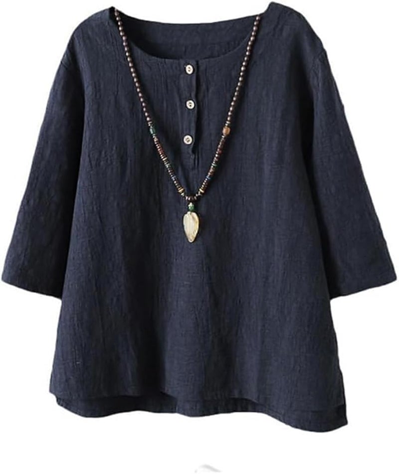 Minibee Women's 3/4 Sleeve Cotton Linen Jacquard Blouses Top T-Shirt (XL, Navy Blue) - Image 3