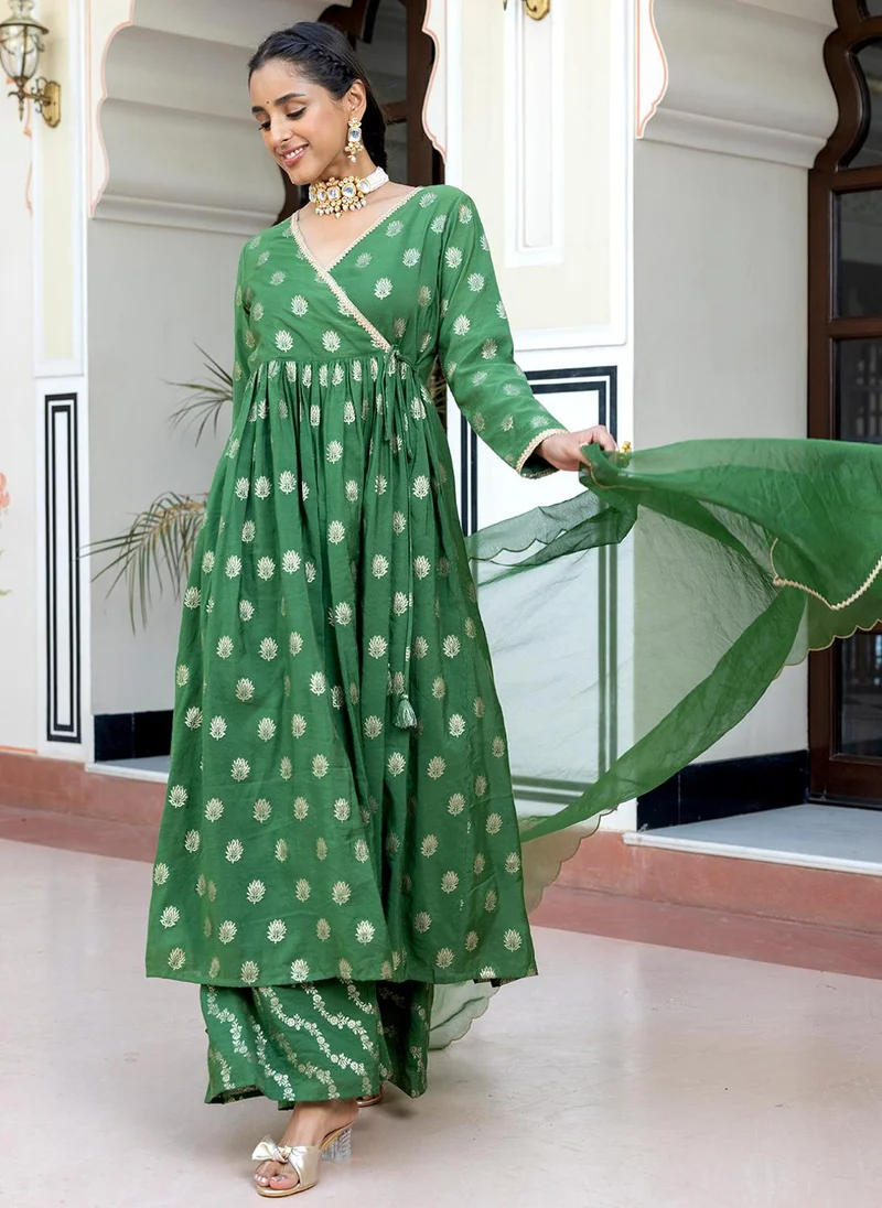 ZERESOUQ Green Brocade Foil Print Angrakha Kurta Suit Set