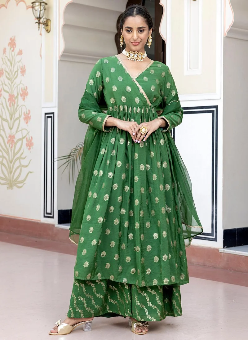 ZERESOUQ Green Brocade Foil Print Angrakha Kurta Suit Set