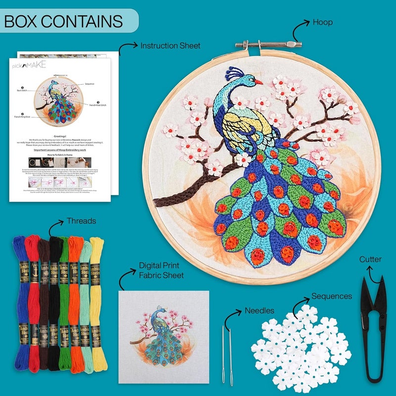 picknMAKE طقم تطريز يدوي ملون لطيور الطاووس الرائعة للمبتدئين والبالغين والأطفال - قماش مطبوع رقمي، خيوط، إبر، لؤلؤات زهرية وتعليمات - مجموعة تطريز افعلها بنفسك - Image 2