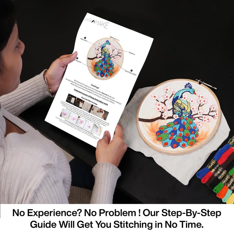picknMAKE طقم تطريز يدوي ملون لطيور الطاووس الرائعة للمبتدئين والبالغين والأطفال - قماش مطبوع رقمي، خيوط، إبر، لؤلؤات زهرية وتعليمات - مجموعة تطريز افعلها بنفسك - Image 3