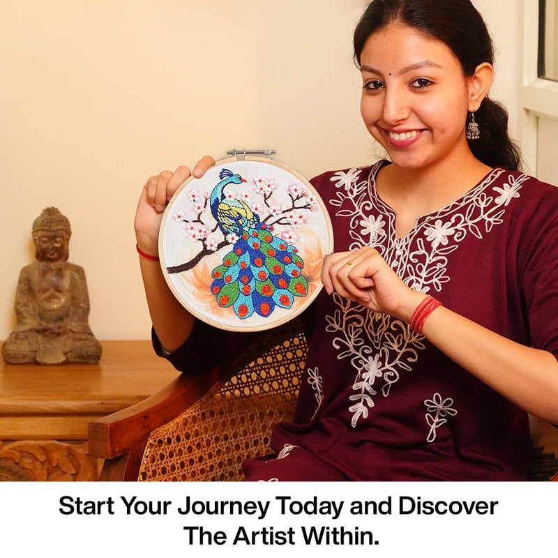 picknMAKE طقم تطريز يدوي ملون لطيور الطاووس الرائعة للمبتدئين والبالغين والأطفال - قماش مطبوع رقمي، خيوط، إبر، لؤلؤات زهرية وتعليمات - مجموعة تطريز افعلها بنفسك - Image 5