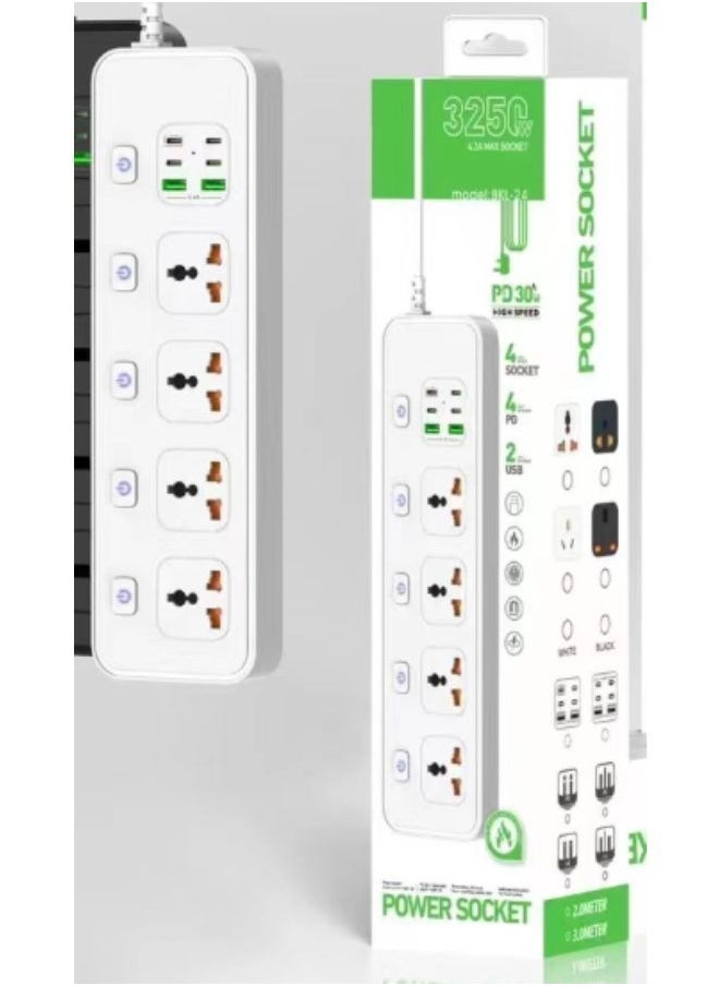 SMARTX - Power Strip With Individual Switch, 6ft Extension Cord, 4 Outlets Surge Protector, 2 USB and 4 USB C Ports, Multiple Outlets Extender with 2M Bold Extension Cord for Office, Home & Travel Use, White - Image 1
