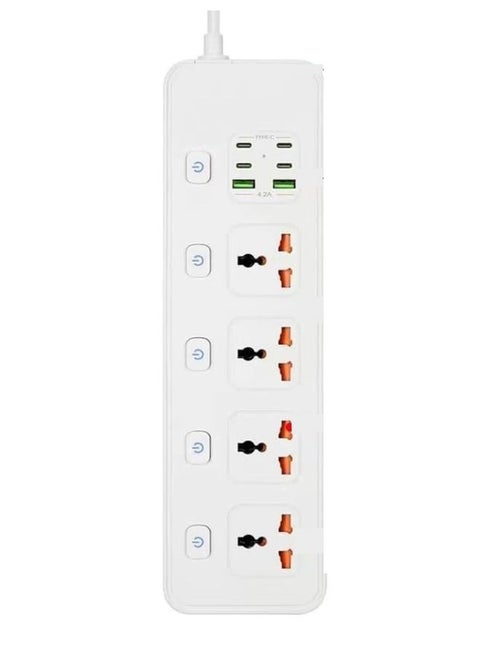 Power Strip With Individual Switch, 6ft Extension Cord, 4 Outlets Surge Protector, 2 USB and 4 USB C Ports, Multiple Outlets Extender with 2M Bold Extension Cord for Office, Home & Travel Use, White