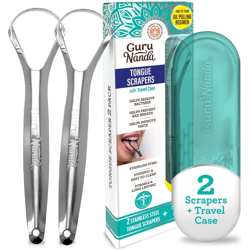 GuruNanda Tongue Scraper for Adults (2 Pack) with Travel Case, 420 Medical-Grade 100% Stainless Steel Tongue Cleaner, Aids in Fresh Breath & Oral Care - Image 1