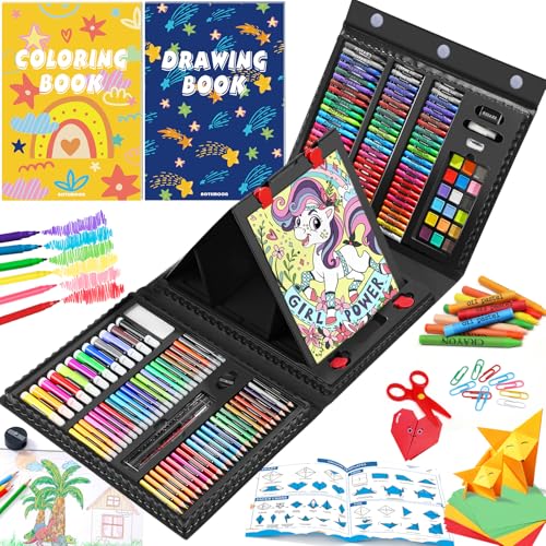 AOTEMOON All in One Art Supplies Art Kit Includes Origami PaperCutting Crafts Easel Colored Pencils Crayons Drawing Book Coloring Book Watercolor Markers and More Art Set for Kids Girls Boys Black - Image 1