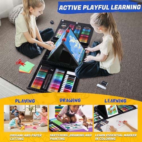 AOTEMOON All in One Art Supplies Art Kit Includes Origami PaperCutting Crafts Easel Colored Pencils Crayons Drawing Book Coloring Book Watercolor Markers and More Art Set for Kids Girls Boys Black - Image 5