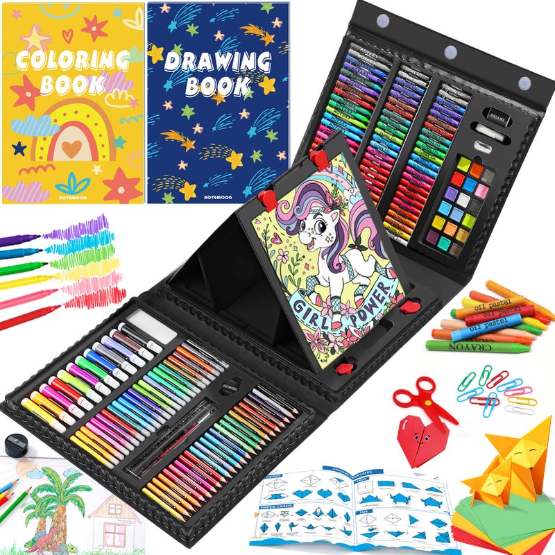 AOTEMOON All in One Art Supplies Art Kit Includes Origami PaperCutting Crafts Easel Colored Pencils Crayons Drawing Book Coloring Book Watercolor Markers and More Art Set for Kids Girls Boys Black - Image 2
