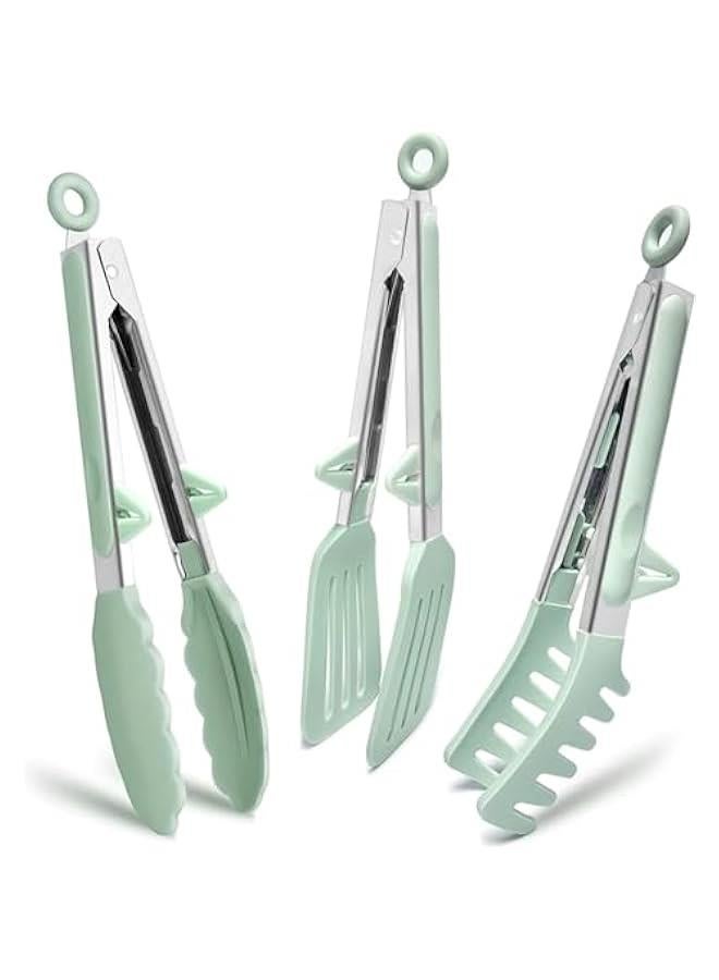HOOKOR Kitchen Tongs, 9 Inch Tongs for Cooking with Silicone Tips, Food Grade Small Silicone Tongs, Mini Serving Tongs for Nonstick Pans, BBQ, Salad, Set of 3, Light Green, (85-01) - Image 1