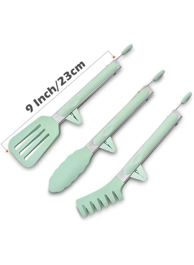 HOOKOR Kitchen Tongs, 9 Inch Tongs for Cooking with Silicone Tips, Food Grade Small Silicone Tongs, Mini Serving Tongs for Nonstick Pans, BBQ, Salad, Set of 3, Light Green, (85-01) - Image 2