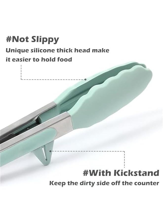 HOOKOR Kitchen Tongs, 9 Inch Tongs for Cooking with Silicone Tips, Food Grade Small Silicone Tongs, Mini Serving Tongs for Nonstick Pans, BBQ, Salad, Set of 3, Light Green, (85-01) - Image 3