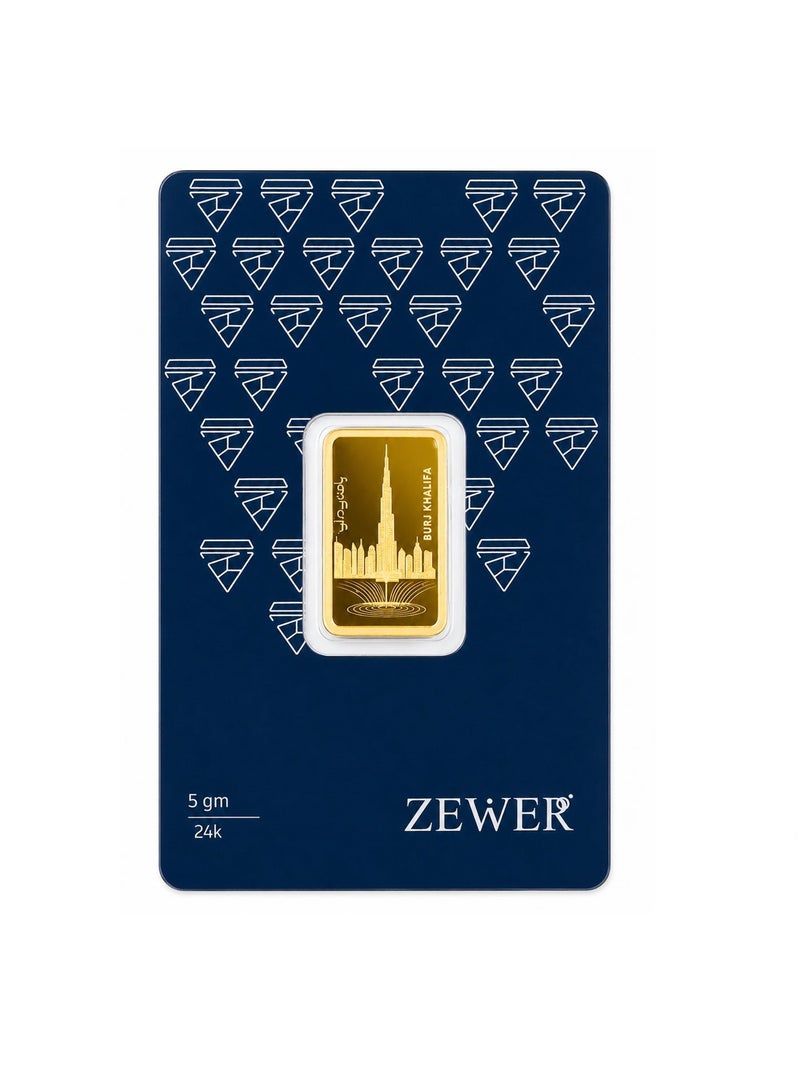 Zewer 5g 24K 999.9 Fine Gold Bar - Burj Khalifa Design - Image 2