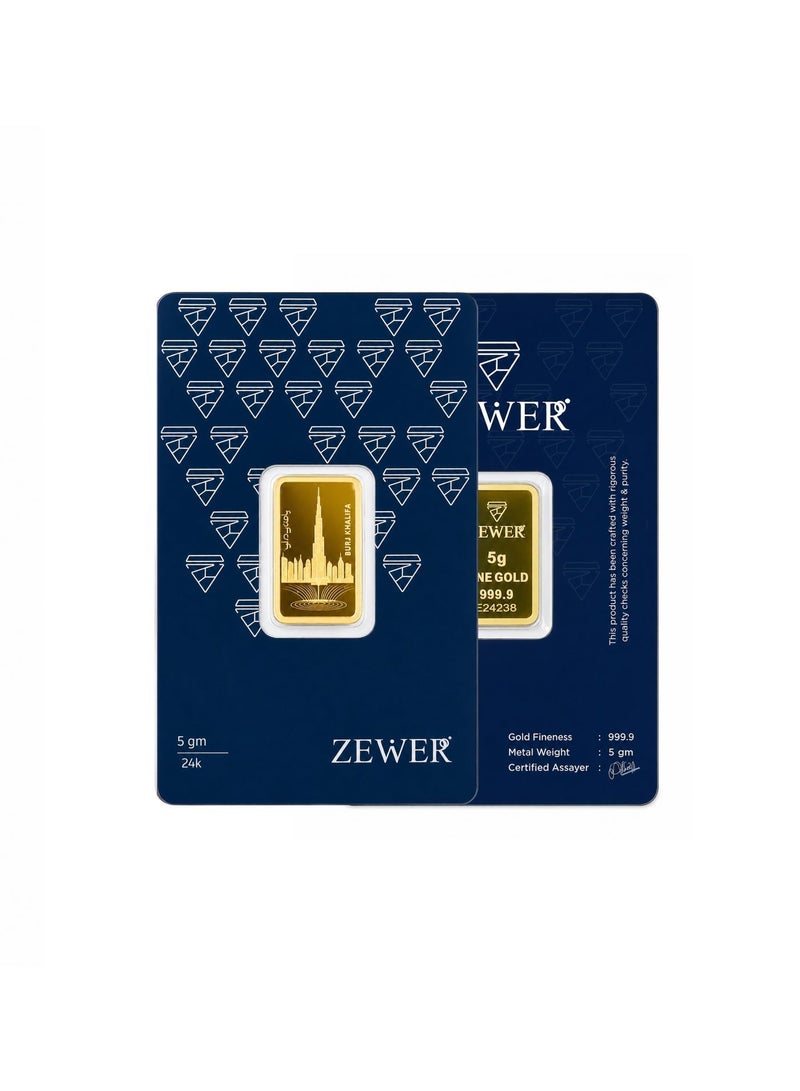 Zewer 5g 24K 999.9 Fine Gold Bar - Burj Khalifa Design - Image 3