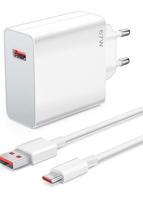 شاحن سريع 67 وات بكابل USB نوع سي بطول 1 متر متوافق مع ريدمي نوت 11/11s/11T/مي 11 الترا/12S الترا/12 لايت/12/12X/11 لايت/ريدمي نوت 11 برو/بوكو F4/بوكو X4 GT/F4 برو/بوكو M4 برو/X3 GT - أبيض
