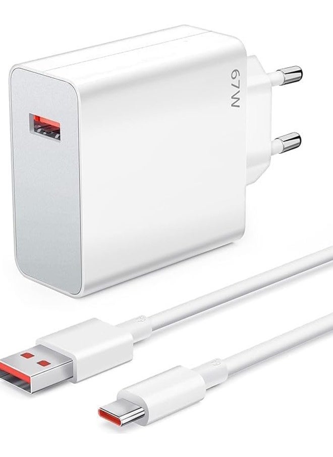 شاحن سريع 67 وات بكابل USB نوع سي بطول 1 متر متوافق مع ريدمي نوت 11/11s/11T/مي 11 الترا/12S الترا/12 لايت/12/12X/11 لايت/ريدمي نوت 11 برو/بوكو F4/بوكو X4 GT/F4 برو/بوكو M4 برو/X3 GT - أبيض