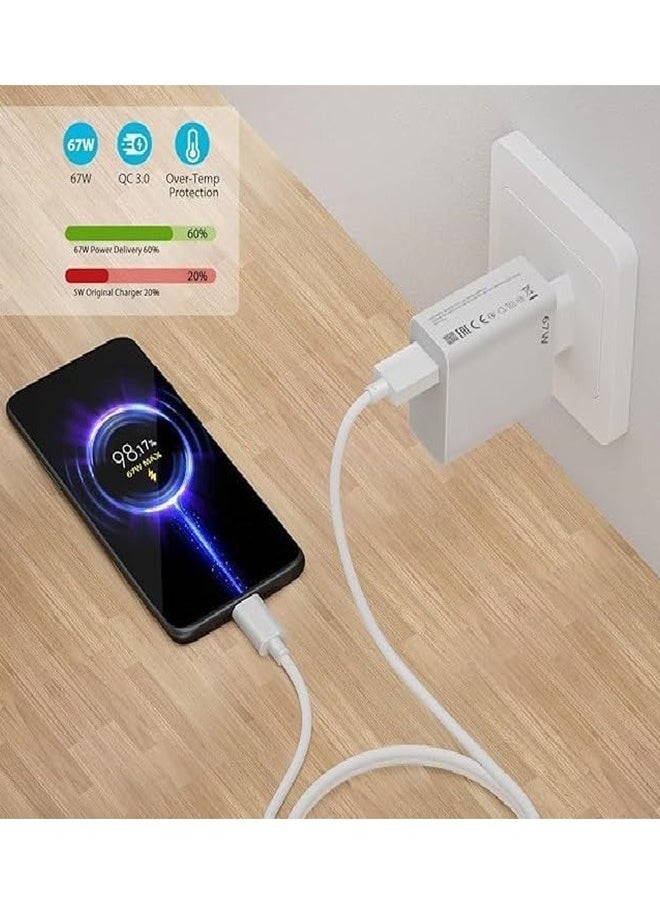 شاحن سريع 67 وات بكابل USB نوع سي بطول 1 متر متوافق مع ريدمي نوت 11/11s/11T/مي 11 الترا/12S الترا/12 لايت/12/12X/11 لايت/ريدمي نوت 11 برو/بوكو F4/بوكو X4 GT/F4 برو/بوكو M4 برو/X3 GT - أبيض