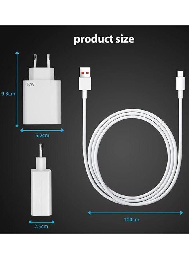 شاحن سريع 67 وات بكابل USB نوع سي بطول 1 متر متوافق مع ريدمي نوت 11/11s/11T/مي 11 الترا/12S الترا/12 لايت/12/12X/11 لايت/ريدمي نوت 11 برو/بوكو F4/بوكو X4 GT/F4 برو/بوكو M4 برو/X3 GT - أبيض