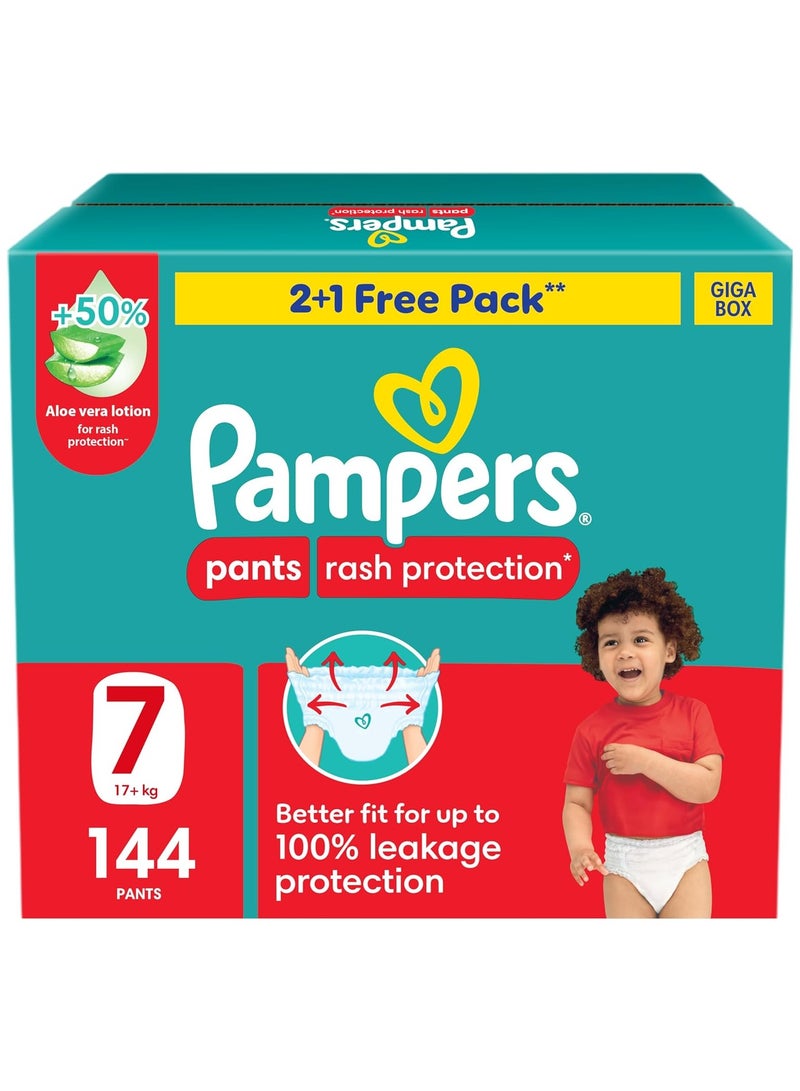 Pampers Rash Protection Pants Diapers, Size 7, 17+kg, +50% Aloe Vera Lotion, 360° Leak-Free Fit for up to 100% Leakage Protection, Giga Box, 144 Count