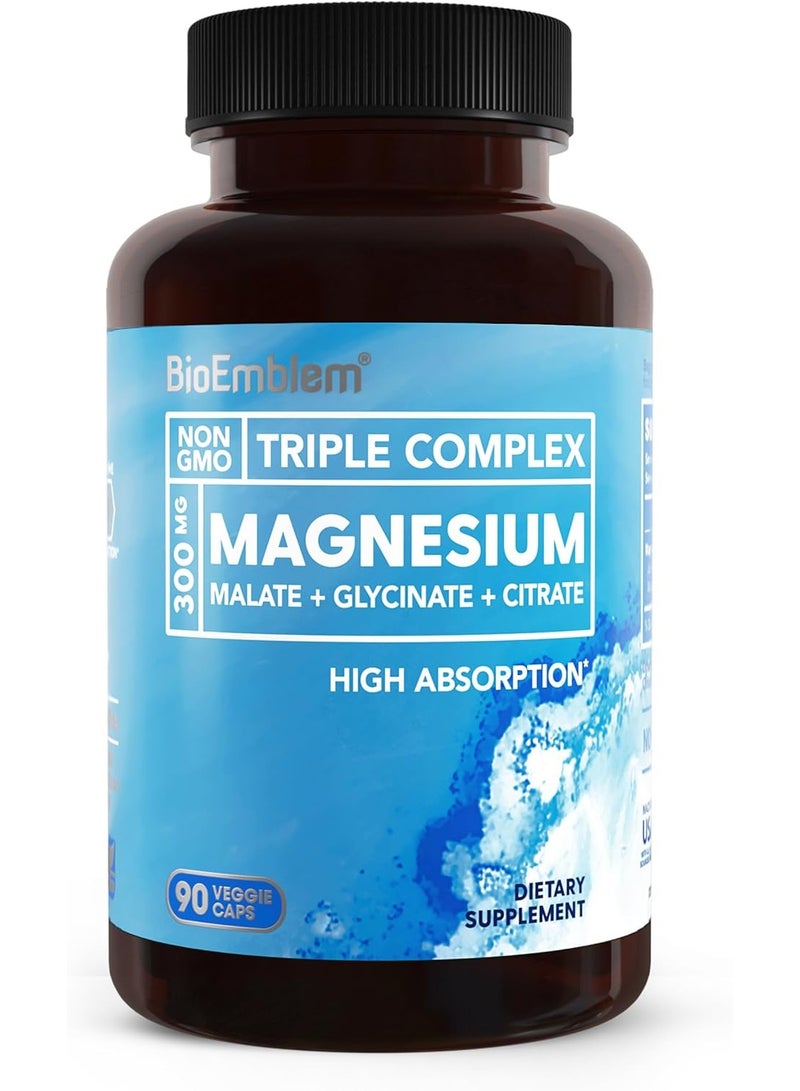 BioEmblem Triple Magnesium Complex | 300mg of Magnesium Glycinate, Malate, & Citrate for Muscles, Nerves, & Energy | High Absorption | Vegan, Non-GMO | 90 Capsules