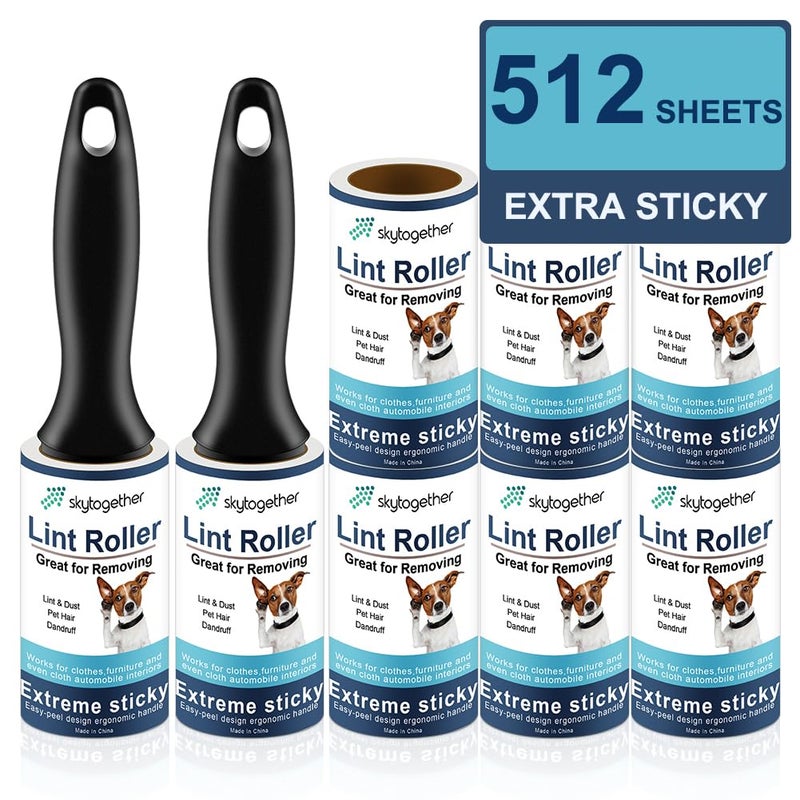 skytogether Lint Rollers for Pet Hair Extra Sticky, Dog Cat Pet Hair Remover Couch Lint Roller Travel Size Lint Remover for Clothes, 2 Reusable Handles+8 Lint Roller Refills Pack, 512 Sheets Total - Image 1