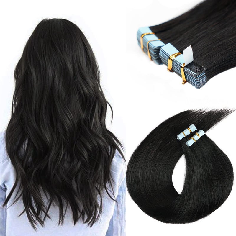 FAAAL 16 inch Tape in Hair Extensions Human Hair Invisible Straight Tape Hair Extensions for Women 20 Pcs50g Seamless Skin Weft 1B Natural Black Real Hair Extension Tape ins Human Hair