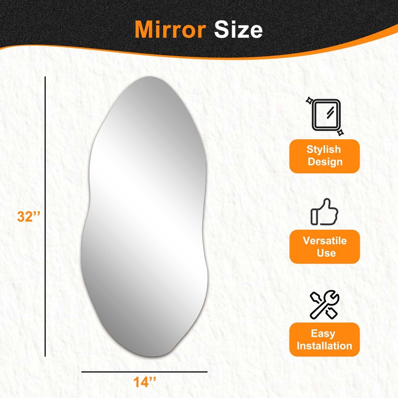 Delma Irregular Wall Mirror,32"x14" Slim Vertical Wavy Design,Frameless Decorative Mirror for Entryway,Hallway & Bathroom,Modern Boho Wall-Mounted - Image 3
