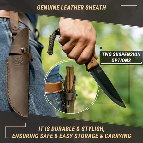 BeaverCraft Bushcraft Knife Full Tang with Leather Sheath – Bush Knife Carbon Steel for Camping – Survival Outdoor Knives Fixed Blade BSH3 Nightfall - Bushcraft Gear Tools - Image 5