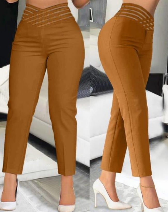 High Waist Hollow-Out Belted Trousers light brown - Image 1