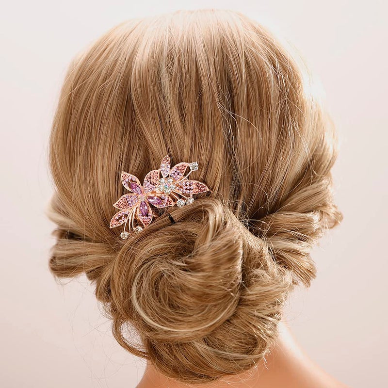 Aimimier Bridal Wedding Purple Crystal Hair Comb Flower Leaf Rhinestone Gem Side Combs Long Teeth Hair Pins Sparkly Hair Accessories for Women GirlsPurple
