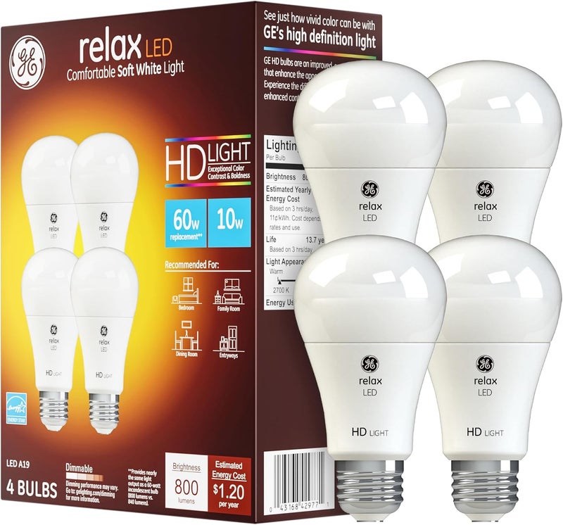GE Relax LED Light Bulbs, 60 Watt, Soft White, A19 (4 Pack) - Image 1