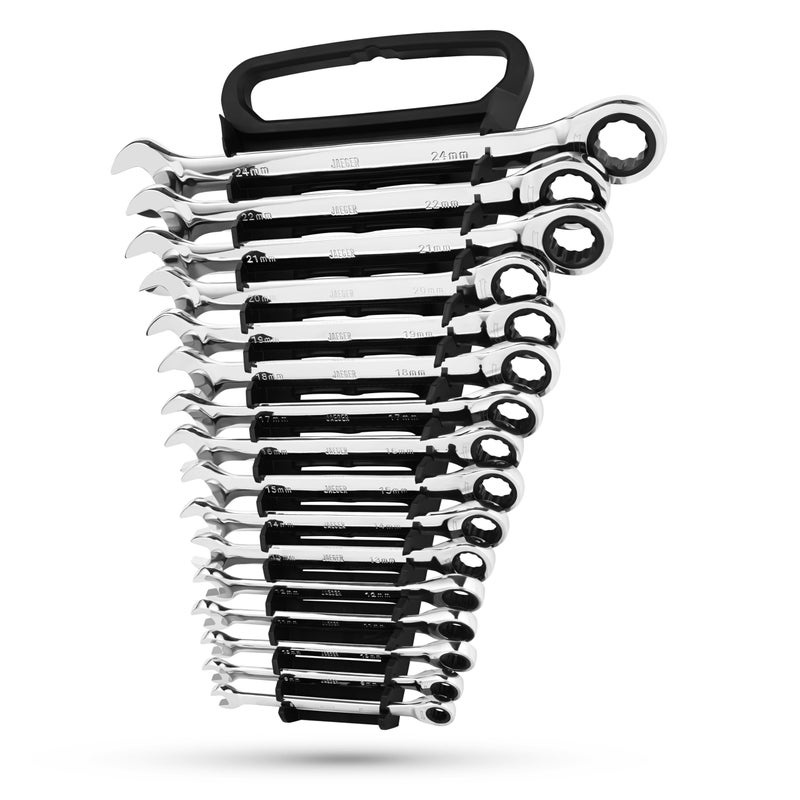 Jaeger 16pc MM/Metric TIGHTSPOT 90-Tooth Ratcheting Combination Wrench Set With Lock-In Rack - Metric SET With Ratchet Speed Wrenches And A Lock-In Rack Case - Image 1