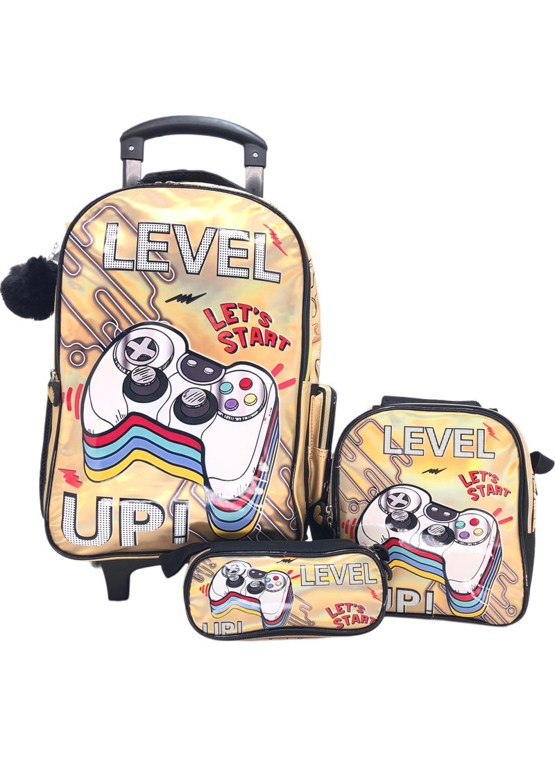 i-kola Gold Cansole Design Rolling Backpack 18 inch Wheeled Kids Backpack with Lunch Bag and Pencil Case for Boys Gold - Image 1