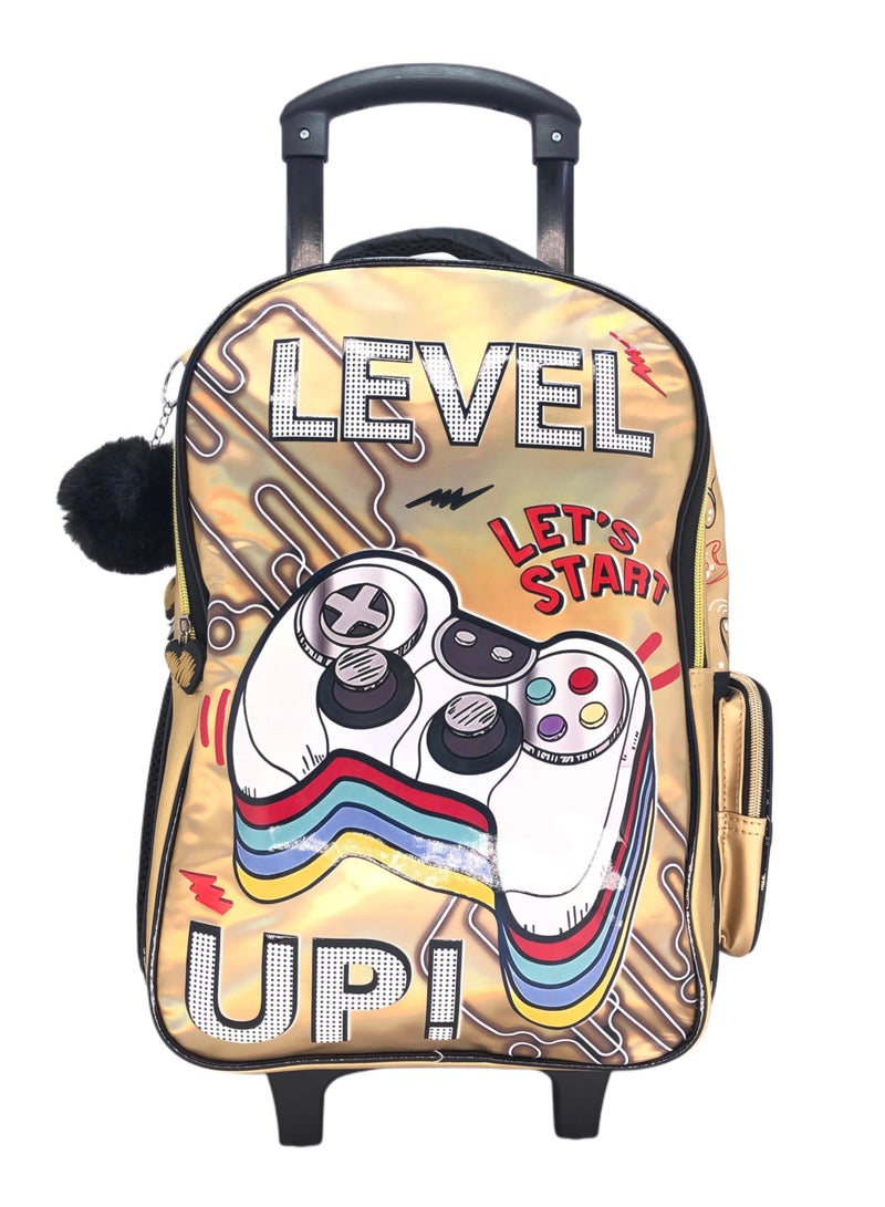 i-kola Gold Cansole Design Rolling Backpack 18 inch Wheeled Kids Backpack with Lunch Bag and Pencil Case for Boys Gold - Image 2