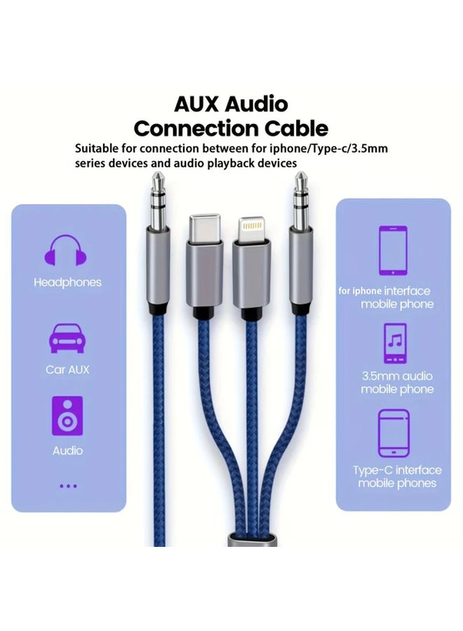 كابل صوت سيارة 3 في 1 باللون الأزرق من نوع USB-C مع حماية مضفرة لأجهزة iPhone للشحن والموسيقى - Image 3