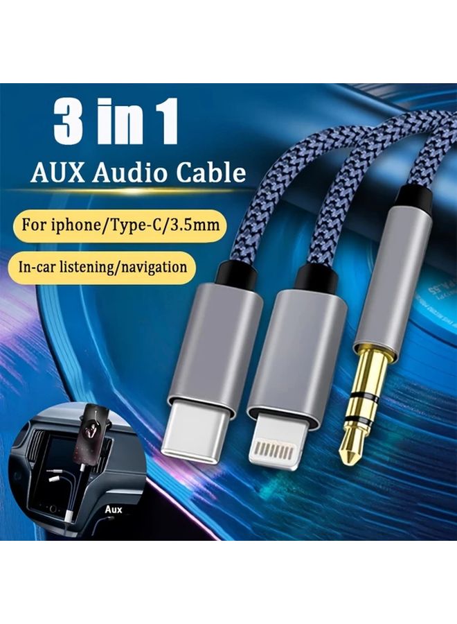 كابل صوت سيارة 3 في 1 باللون الأزرق من نوع USB-C مع حماية مضفرة لأجهزة iPhone للشحن والموسيقى - Image 1