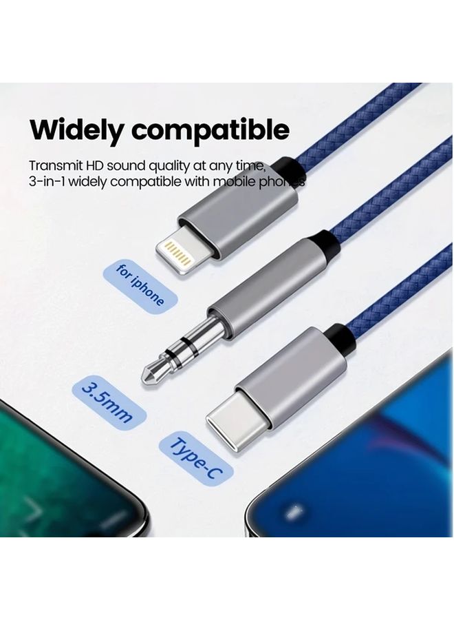 كابل صوت سيارة 3 في 1 باللون الأزرق من نوع USB-C مع حماية مضفرة لأجهزة iPhone للشحن والموسيقى - Image 5