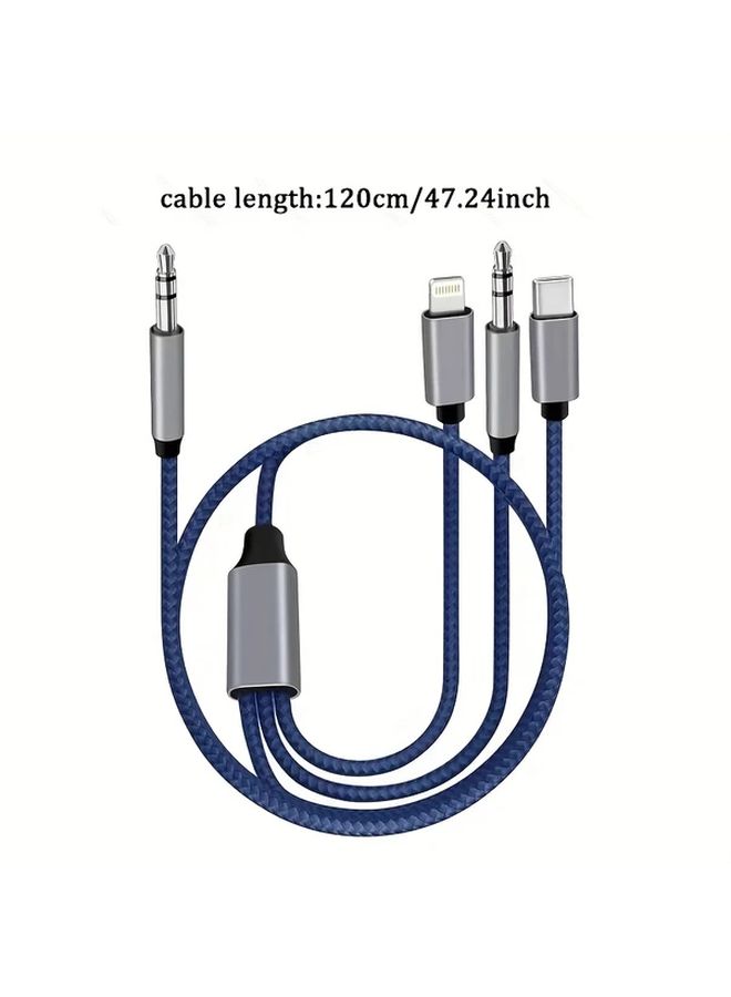 كابل صوت سيارة 3 في 1 باللون الأزرق من نوع USB-C مع حماية مضفرة لأجهزة iPhone للشحن والموسيقى - Image 4