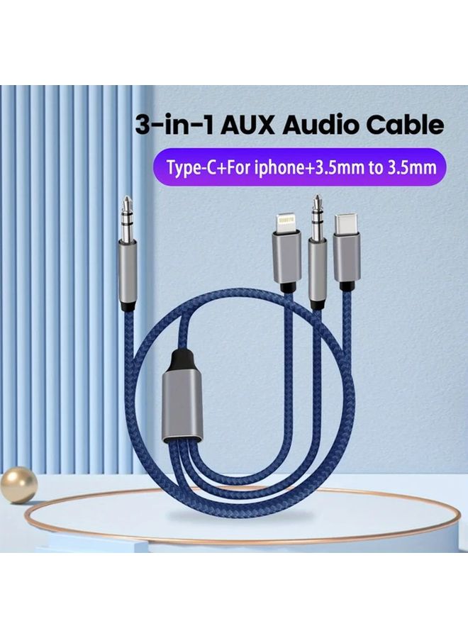 كابل صوت سيارة 3 في 1 باللون الأزرق من نوع USB-C مع حماية مضفرة لأجهزة iPhone للشحن والموسيقى - Image 2