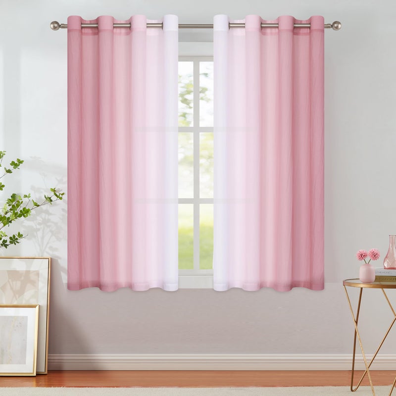 Purainbow Ombre Sheer Curtains Pink 54 Inches Length for Bedroom Living Room, Chiffon Crinkle Semi Sheer Short Curtain Panels Light Filtering Not See Through for Laundry Room, Grommet Top, 52" W - Image 1