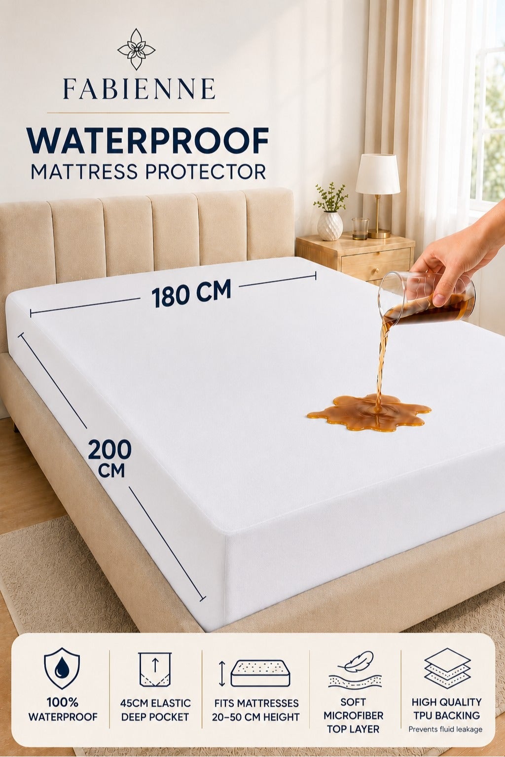 Waterproof Mattress Protector King Size 180x200cm High Absorption Microfiber+TPU Pad Cover for Pets Kids Adults Deep Pocket Style 100% Waterproof Mattress Protector White