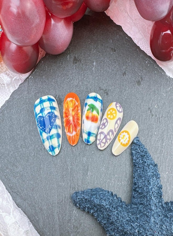 FDSQHSA 30pcs Summer Fruit Press on Nails Medium Almond Fake Nails with 3D Orange Design Peach Lemon Fruits False Nails Summer Artificial Nails Full Cover Glue on Nails for Women Nail Decorations - Image 4