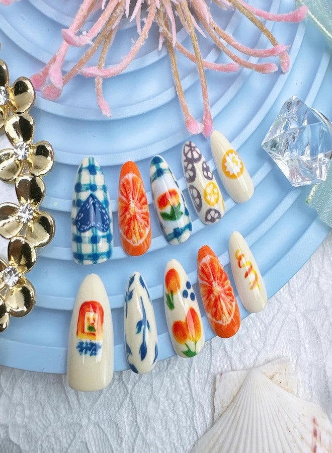 FDSQHSA 30pcs Summer Fruit Press on Nails Medium Almond Fake Nails with 3D Orange Design Peach Lemon Fruits False Nails Summer Artificial Nails Full Cover Glue on Nails for Women Nail Decorations - Image 3