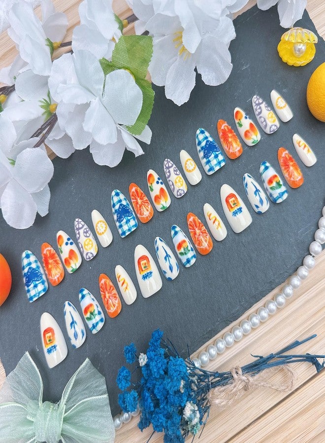 FDSQHSA 30pcs Summer Fruit Press on Nails Medium Almond Fake Nails with 3D Orange Design Peach Lemon Fruits False Nails Summer Artificial Nails Full Cover Glue on Nails for Women Nail Decorations - Image 2