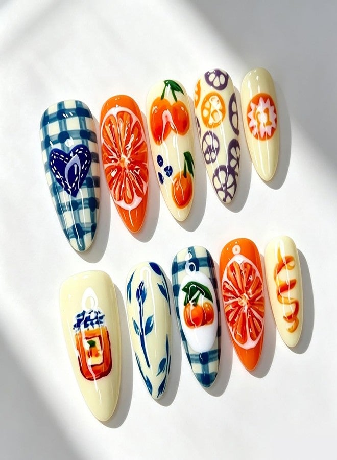 FDSQHSA 30pcs Summer Fruit Press on Nails Medium Almond Fake Nails with 3D Orange Design Peach Lemon Fruits False Nails Summer Artificial Nails Full Cover Glue on Nails for Women Nail Decorations - Image 1